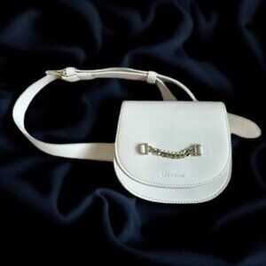 Belle & Bloom White Small Leather Bum Belt Beg, Gold Chain Accent